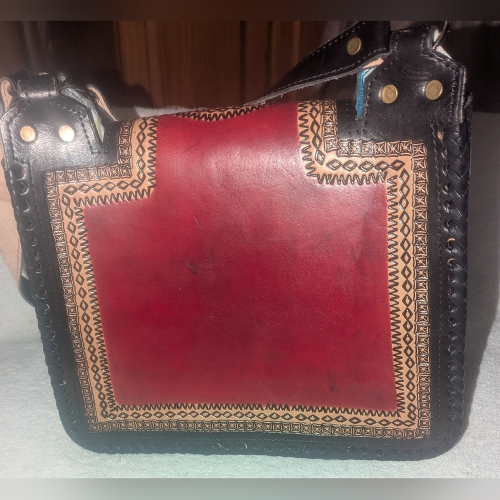 Handcrafted Leather Tooled Shoulder Bag - Black, Red, and Tan - Picture 2 of 9